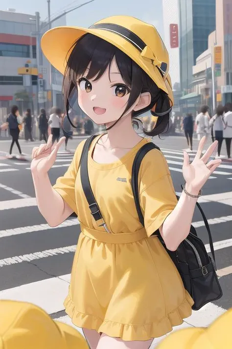 masterpiece,ultra detail,best quality,4girls,petite,walking,raise one of hand,pedestrian crossing,kiirobou,yellow hat,randoseru,happy,smile,join hands<lora:kiirobou:0.8>