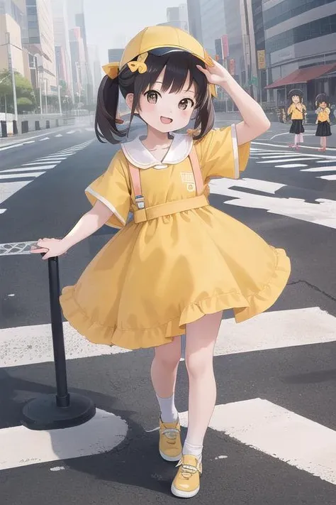 masterpiece,ultra detail,best quality,4girls,petite,walking,raise one of hand,pedestrian crossing,kiirobou,yellow hat,randoseru,happy,smile,<lora:kiirobou:0.8>
