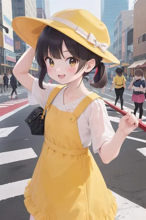 masterpiece,ultra detail,best quality,4girls,petite,walking,raise one of hand,pedestrian crossing,kiirobou,yellow hat,randoseru,happy,smile,<lora:kiirobou:0.8>