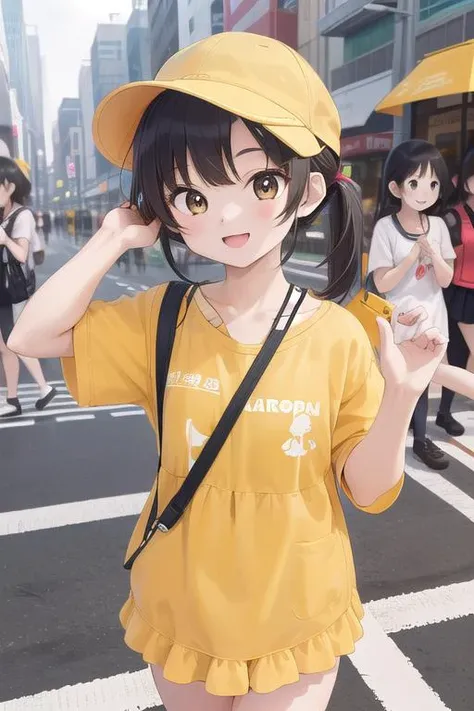 masterpiece,ultra detail,best quality,4girls,petite,walking,raise one of hand,pedestrian crossing,kiirobou,yellow hat,randoseru,happy,smile,<lora:kiirobou:0.8>