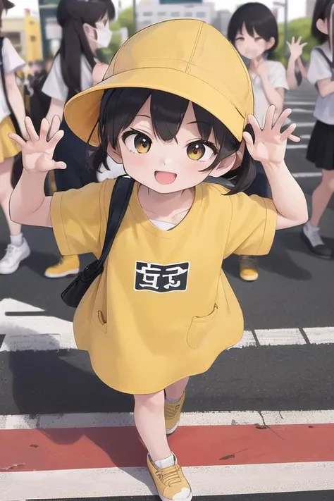 masterpiece,ultra detail,best quality,4girls,petite,walking,raise one of hand,pedestrian crossing,kiirobou,yellow hat,randoseru,happy,smile,join hands<lora:kiirobou:0.8>