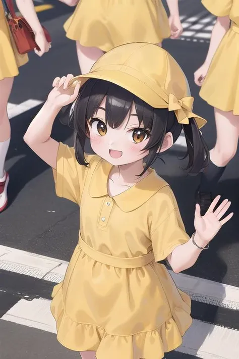 masterpiece,ultra detail,best quality,4girls,petite,walking,raise one of hand,pedestrian crossing,kiirobou,yellow hat,randoseru,happy,smile,join hands<lora:kiirobou:0.8>