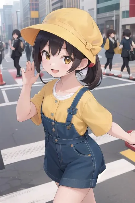 masterpiece,ultra detail,best quality,4girls,petite,walking,raise one of hand,pedestrian crossing,kiirobou,yellow hat,randoseru,happy,smile,<lora:kiirobou:0.8>