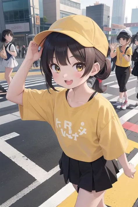 masterpiece,ultra detail,best quality,4girls,petite,walking,raise one of hand,pedestrian crossing,kiirobou,yellow hat,randoseru,happy,smile,join hands<lora:kiirobou:0.8>