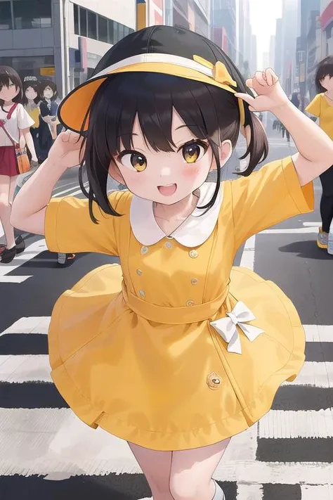 masterpiece,ultra detail,best quality,4girls,petite,walking,raise one of hand,pedestrian crossing,kiirobou,yellow hat,randoseru,happy,smile,join hands<lora:kiirobou:0.8>