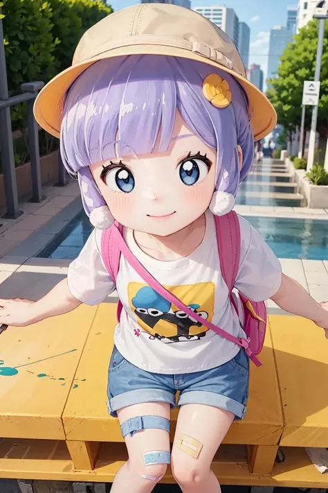 1girl,solo,<lora:0 puniru:0.8>,puniru,female child,tentacle hair,blunt bangs,short hair,light purple hair,print t-shirt,denim_shorts,socks,sneakers,bandaid on knee,slime,randoseru,backpack,petite,<lora:kiirobou:1>,kiirobou,hat,looking_at_viewer,evil smile,