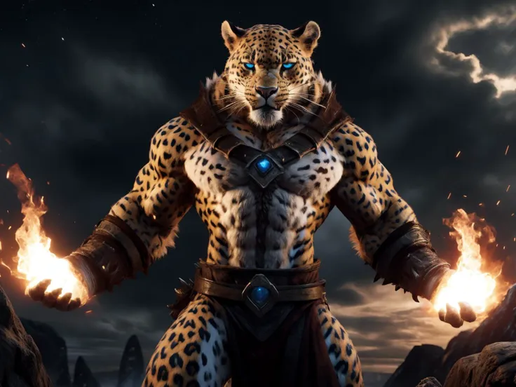 masterpiece, best quality, furry, anthro, (leopard), cygames, short tail, magic, light, cinematic, solo, night, sky, detailed background, muscle, (fur:1.8), fluffy fur, <lora:bmV5a:0.8>