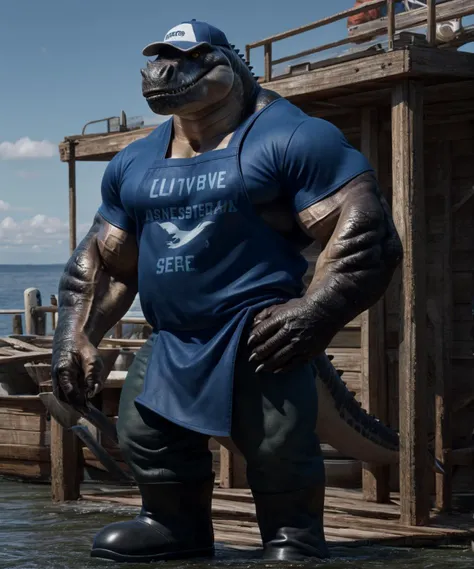<lora:bmV8r:0.85> photorealistic, ultra realism shading, 8k wallpaper, realistic, masterpiece, highest quality, detailed face, detailed eyes, detailed background,
dino, black scales, black skin, wet skin, (musclegut:1.0), (standing:1.0), (full body:1.0), (glare:1.0), (looking angry:1.0), fishing boat background, sea background, yellow eyes, (baseball cap:1.0), (leather apron:1.2), (t-shirt:1.3), (pants:1.0), (gumboot:1.2), (claws:1.0), (thick thighs:1.0), 5 fingers, (white palms:1.0), (white snout:1.1)