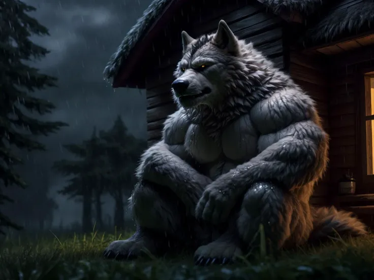 real,
razzper,(kidde_jukes:0.6),(alpha0:0.6),
anthro,solo,wolf, werecanid,
narrowed eyes, (fluffy fur:1.8), (fur)
sitting, sad, sigh, wet,
summer,forest,house,raining,night,
grass,detailed background <lora:bmV5a:0.8> <lora:add_detail:0.6>