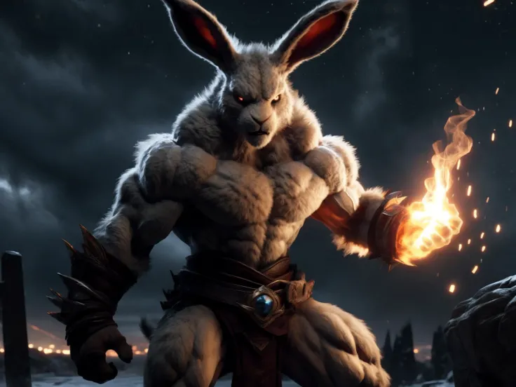 masterpiece, best quality, furry, anthro, (rabbit), cygames, short tail, magic, light, cinematic, solo, night, sky, detailed background, muscle, fur, (white fur), fluffy fur, <lora:bmV5a:0.8>