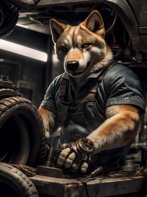 an shiba inu mechanic is repairing his steampunk car, detailed, realistic, 8k uhd, high quality
 <lora:bmV5a:0.8> <lora:add_detail:0.6>