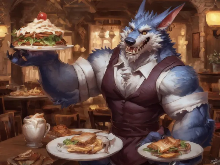 solo,cute,
werecanid,werewolf,warwick \(lol\),
waitress uniform, waiter, good boy, happy, 
front view, standing, 
food,inside,hi res, detailed background,
<lora:bmV7c:1>