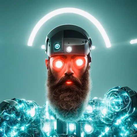portrait of a bearded man showing of his new (((cyborg body))), vogue, vaporwave color scheme, cyberpunk, futuristic, robot augmentations, augmentations in face, intricate, highly detailed, digital painting, artstation, concept art, smooth, sharp focus, illustration, 8k, film grain, vignetting, chromatic aberrations, dramatic lighting