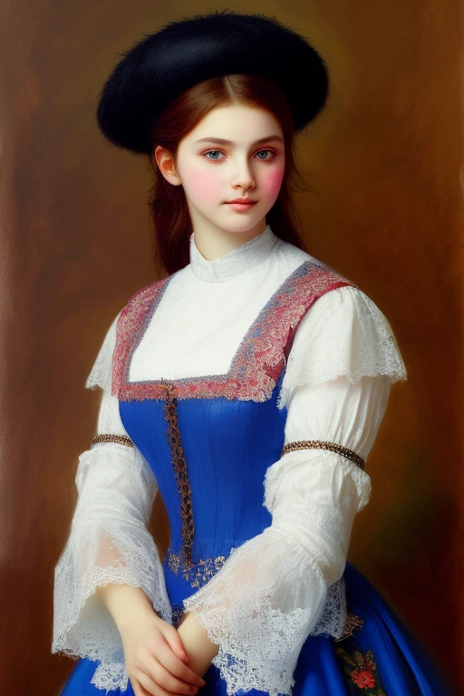 A portrait of beautiful russian 1800 girl in lace and leather clothing , blue eyes, hat with feather, smile, freckles, concept art, oil pastel painting , moody gray colors , gritty, messy stylestyle of Alexey Savrasov, Ivan Shishkin, Ilya Repin, (cel shaded:1.2), 2d, (oil painting:1.2) highly detailed