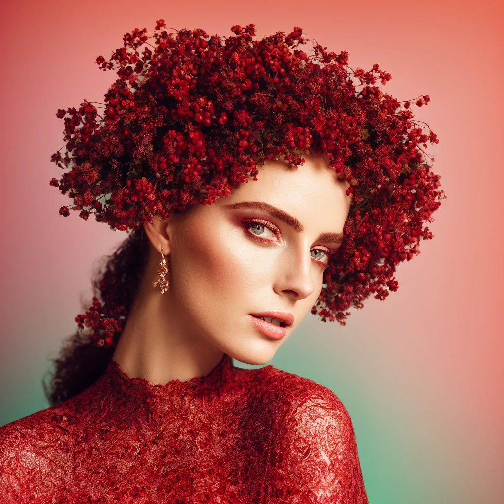 portrait of a woman as a beautiful fashion model, vogue, green and red color scheme, beautiful intricate filegrid facepaint, intricate, elegant, highly detailed, digital painting, artstation, concept art, smooth, sharp focus, illustration, 8k, film grain, vignetting, chromatic abberations, (((harsh Flashlight)))