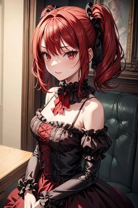 Masterpiece, best quality, 1_woman, (upper body), (Caucasian skin_complexion) (looking away from the viewer) (bent over), , long double hair braids, dark red hair, diamond shaped eyes, , large_bust, chest window, cleavage, dark red (Victorian blazer),tan halter top blouse, double button breast, long dark red (Lolita skirt), silver trim, black tights, barefoot, small waist (naked)
