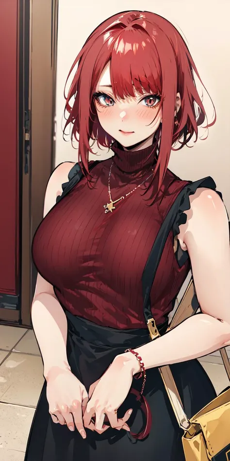 masterpiece, best quality, PIXIV, cowboy shot, red hair,
1girl, breasts, blush, sleeveless,jewelry, looking at viewer, skirt, necklace, solo, bag, sweater, turtleneck, sleeveless turtleneck, jacket, sleeveless sweater, long skirt, medium hair, handbag
<lora:Corporate girl:1>