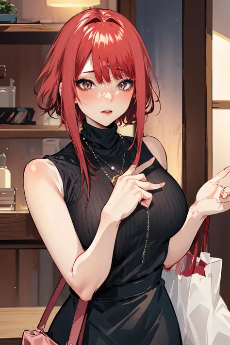 masterpiece, best quality, PIXIV, cowboy shot, red hair,
1girl, breasts, blush, sleeveless,jewelry, looking at viewer, skirt, necklace, solo, bag, sweater, turtleneck, sleeveless turtleneck, jacket, sleeveless sweater, long skirt, medium hair, handbag