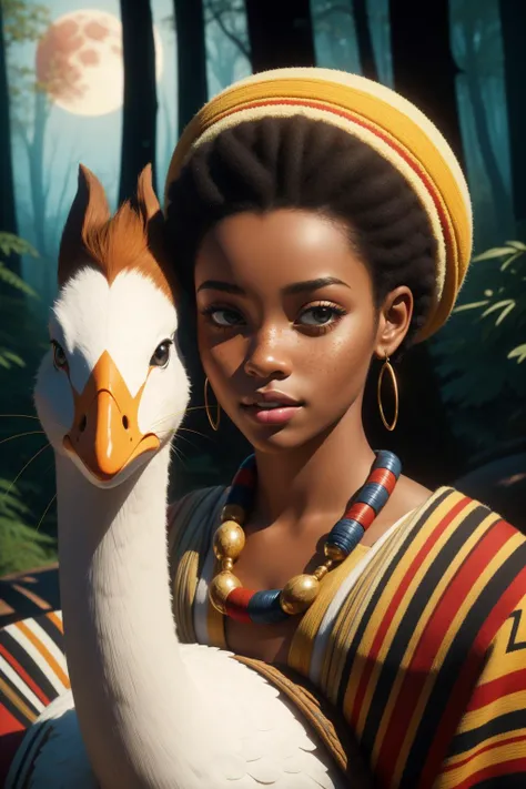 1girl, (stylized by Gian Paolo Dulbecco:1.1) and (Worthington Whittredge:0.9) and (Stephen Ormandy:0.8) and (Gwenda Morgan:0.8) , colorful portrait, concept art, close up of a dressed in a very 1600'S Amber traditional Cameroonian Ivory Wool cap, [Evil|1940'S] Nutty hefty traditional Zulu (Male [Khajit|Jim Carrey]:1.3) , he is riding a Swan, he is looking very neutral, he is Vlogging, he has Mohawk hairstyle, he has a Sweltering traditional Contemporary electric color Pores, Comely Cybernetics, lush woods and Lunar eclipse in background, Moon in the night, Panorama, Manic, Modern Art, soft lighting, Depth of field 100mm, Electic Colors, symbolism, Magic the gathering, freckles, pale skin, Pixabay, arthouse