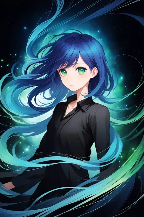 (anime, pixiv, masterpiece, best quality, highres), (1girl, blue hair, green eyes, medium hair, gradient hair), (abstract, dark, swirling lights, light particles), (wallpaper, 8k, high resolution), <lora:training_model:1.0>