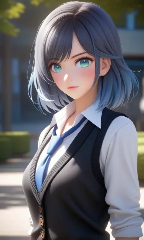 professional 3d model 1girl, akane, masterpiece, high quality, 8k, beautiful lighting, 1girl, solo, green eyes, medium_hair, white shirt, sweater vest, black vest, blue necktie, grey skirt, outdoors, cowboy shot, looking at viewer, anime, blue hair, <lora:training_model:0.7>, <lora:neg4all_bdsqlsz_xl_V7:1>, <lora:DetailedEyes_V3:1>, ((full body)) . octane render, highly detailed, volumetric, dramatic lighting