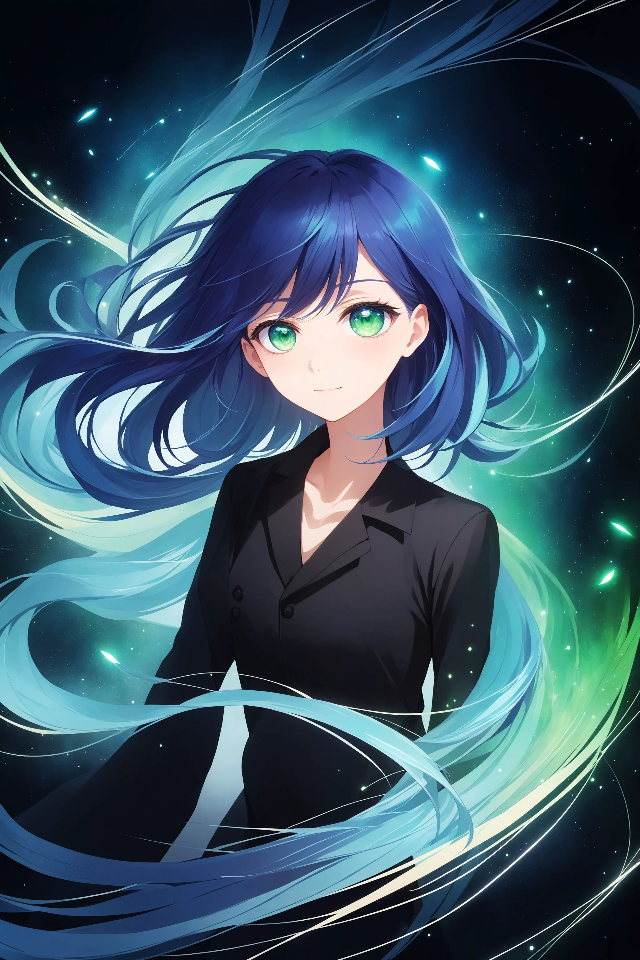 (anime, pixiv, masterpiece, best quality, highres), (1girl, kurokawa akane, blue hair, green eyes, medium hair, gradient hair), (abstract, dark, swirling lights, light particles), (wallpaper, 8k, high resolution), <lora:training_model:1.0>