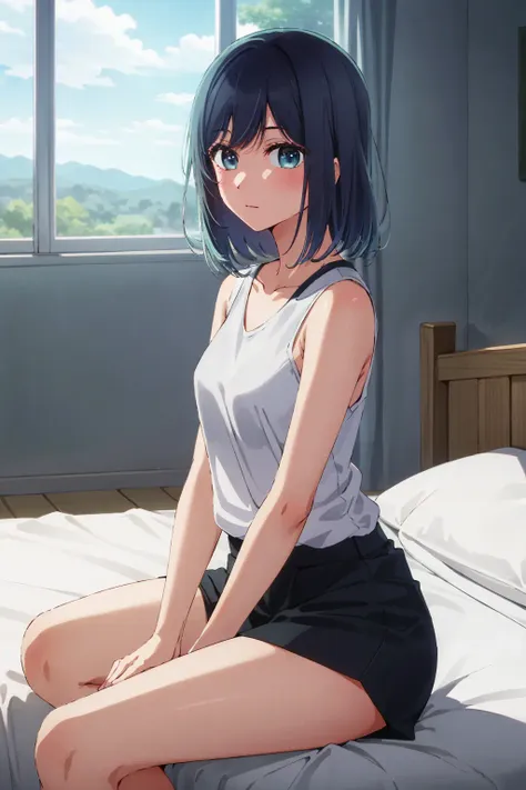 masterpiece, high quality, 8k, beautiful lighting, 1girl, solo, akane, <lora:akane:0.7>,  white shirt, t-shirt, blue short, sleeveless, looking at viewer, sitting, bedroom,