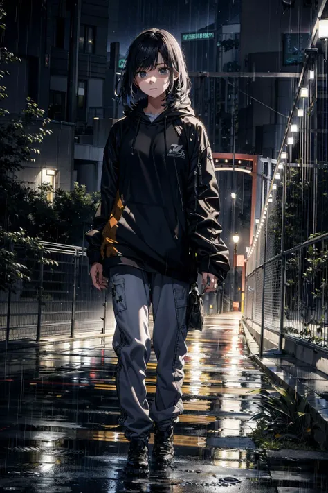absurdres, (best quality), (masterpiece),(ultra-detailed:1.2),(photorealistic:1.3),(highres),(upper body:1.1),(from front:1.4),looking at viewer,
1girl,
<lora:akanev2:0.7> akane, long bob, (expressionless:1.2),hooded sweater,pants,
shaded face,shocked, horrified, scared,
standing on the fence,holding Plastic bag,
night,(rain:1.4),(wet:1.2),bridge,(fence:1.4),luminous trails,(pedestrian-bridge:1.5),
<lora:anime_minimalist_v1-000020:-0.6>
<lora:LowRa:0.3>
<lora:shaded_face2_pruned_0:0.6>