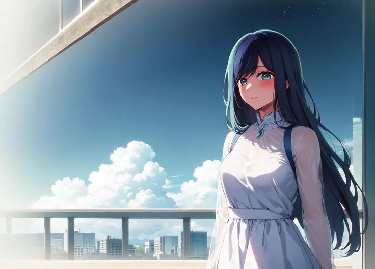 masterpiece, high quality, 8k, beautiful lighting, 1girl, solo, akane, <lora:akanev2:1>, fantastic background, clouds, upper body, see-through sleeves, dress, glow dress, white dress, magical, ((long hair:1.5)), <lora:GoodHands-beta2:1>, blush, looking at viewer