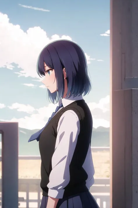 unparalleled masterpiece,intricate detail,
Akane,white shirt,sweater vest,black vest,blue necktie,skirt,gradient hair,
looking away,from side,outdoor,sky,cloud,
(masterpiece:1.4),(best quality:1.4),(shiny skin)