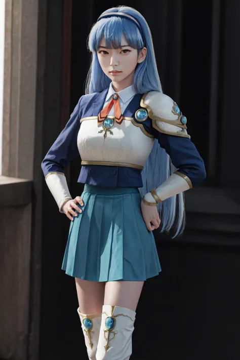 masterpiece, best quality, highres, 1girl umi ryuuzaki hairband, armor shoulder armor blue skirt, knee boots <lora:umi_ryuuzaki_shoulder_armor:1> hand on hip, (photorealistic:1.0)