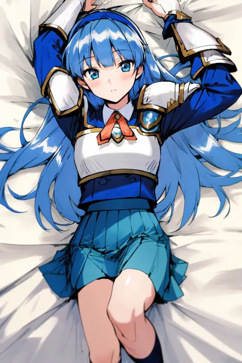 masterpiece, best quality, highres, 1girl umi ryuuzaki hairband, armor shoulder armor blue skirt <lora:umi_ryuuzaki_shoulder_armor:1> lying on back, bed sheet, arms up