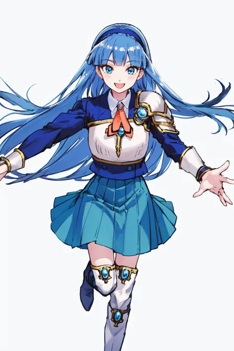 masterpiece, best quality, highres, 1girl umi ryuuzaki hairband, armor shoulder armor blue skirt, knee boots <lora:umi_ryuuzaki_shoulder_armor:1> outstretched arms, reaching out, smile