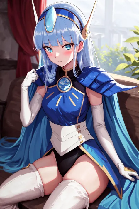 masterpiece, best quality, highres, 1girl umi ryuuzaki hairband headgear, blue armor shoulder armor blue cape elbow gloves leotard white thighhighs <lora:umi_ryuuzaki_full_armor:1> sitting