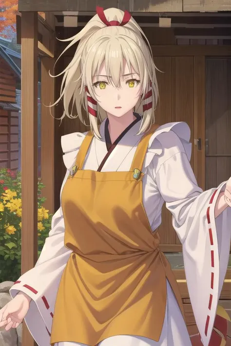 ukanomitamanokami, <lora:uka no mitama no kami s1-lora-nochekaiser:1>,
uka no mitama no kami, long hair, blonde hair, hair ribbon, (yellow eyes:1.5), ponytail, tress ribbon,
BREAK japanese clothes, miko, apron, (red apron:1.5),
BREAK outdoors, shrine,
BREAK looking at viewer, (cowboy shot:1.5),
BREAK <lyco:GoodHands-beta2:1>, (masterpiece:1.2), best quality, high resolution, unity 8k wallpaper, (illustration:0.8), (beautiful detailed eyes:1.6), extremely detailed face, perfect lighting, extremely detailed CG, (perfect hands, perfect anatomy),