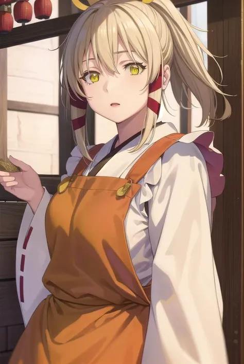 ukanomitamanokami, <lora:uka no mitama no kami s1-lora-nochekaiser:1>,
uka no mitama no kami, long hair, blonde hair, hair ribbon, (yellow eyes:1.5), ponytail, tress ribbon,
BREAK japanese clothes, miko, apron, (red apron:1.5),
BREAK outdoors, shrine,
BREAK looking at viewer, (cowboy shot:1.5),
BREAK <lyco:GoodHands-beta2:1>, (masterpiece:1.2), best quality, high resolution, unity 8k wallpaper, (illustration:0.8), (beautiful detailed eyes:1.6), extremely detailed face, perfect lighting, extremely detailed CG, (perfect hands, perfect anatomy),