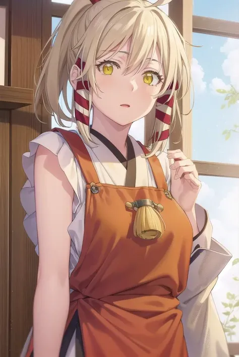 ukanomitamanokami, <lora:uka no mitama no kami s1-lora-nochekaiser:1>,
uka no mitama no kami, long hair, blonde hair, hair ribbon, (yellow eyes:1.5), ponytail, tress ribbon,
BREAK japanese clothes, miko, apron, (red apron:1.5),
BREAK outdoors, shrine,
BREAK looking at viewer, (cowboy shot:1.5),
BREAK <lyco:GoodHands-beta2:1>, (masterpiece:1.2), best quality, high resolution, unity 8k wallpaper, (illustration:0.8), (beautiful detailed eyes:1.6), extremely detailed face, perfect lighting, extremely detailed CG, (perfect hands, perfect anatomy),