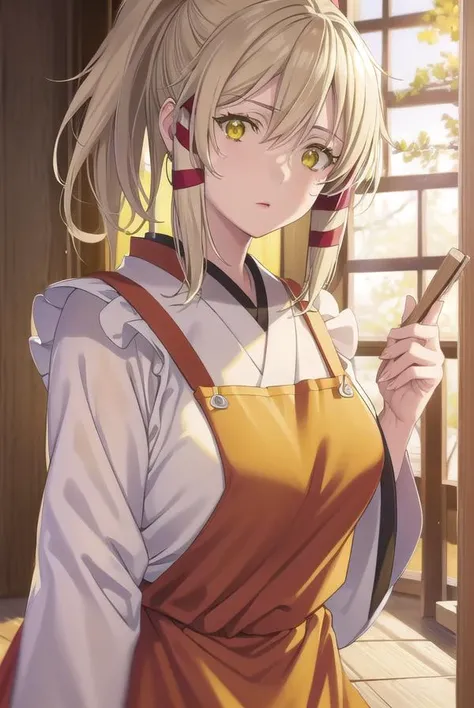 ukanomitamanokami, <lora:uka no mitama no kami s1-lora-nochekaiser:1>,
uka no mitama no kami, long hair, blonde hair, hair ribbon, (yellow eyes:1.5), ponytail, tress ribbon,
BREAK japanese clothes, miko, apron, (red apron:1.5),
BREAK outdoors, shrine,
BREAK looking at viewer, (cowboy shot:1.5),
BREAK <lyco:GoodHands-beta2:1>, (masterpiece:1.2), best quality, high resolution, unity 8k wallpaper, (illustration:0.8), (beautiful detailed eyes:1.6), extremely detailed face, perfect lighting, extremely detailed CG, (perfect hands, perfect anatomy),