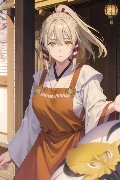 ukanomitamanokami, <lora:uka no mitama no kami s1-lora-nochekaiser:1>,
uka no mitama no kami, long hair, blonde hair, hair ribbon, (yellow eyes:1.5), ponytail, tress ribbon,
BREAK japanese clothes, miko, apron, (red apron:1.5),
BREAK outdoors, shrine,
BREAK looking at viewer, (cowboy shot:1.5),
BREAK <lyco:GoodHands-beta2:1>, (masterpiece:1.2), best quality, high resolution, unity 8k wallpaper, (illustration:0.8), (beautiful detailed eyes:1.6), extremely detailed face, perfect lighting, extremely detailed CG, (perfect hands, perfect anatomy),