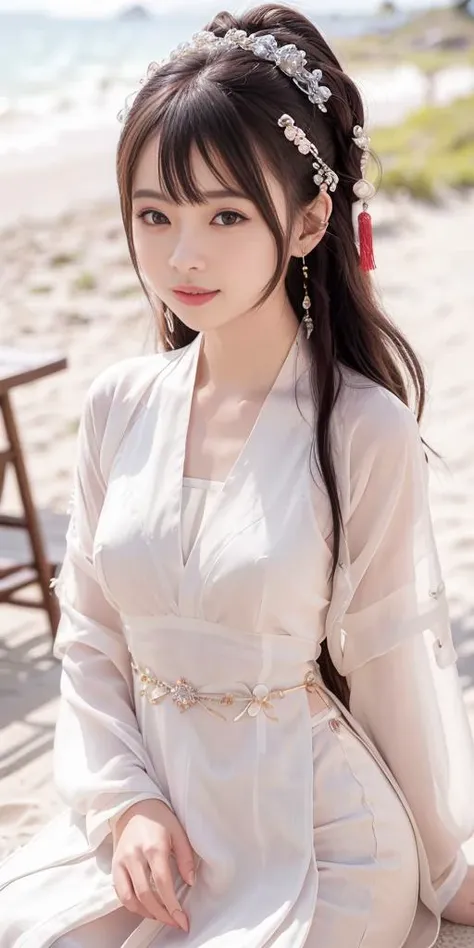 (looking at viewer,close in viewer:1.98),cleavage,small breasts,(beauty hair,ostentatious hair accessories,gorgeous hair accessories,light smile:1.15),1girl,light smile,happy,((((upper body,real face photo,beach background,background blur)))),big eyes,analog style,physically-based rendering,ultra-detailed,professional lighting, photon mapping,(outdoor,bokeh),(RAW photo, best quality, masterpiece:1.3), (realistic, photo-realistic:1.3),detailed facial features,slim girl,tassel, innocent, bangs,(pureerosface_v1:0.55) ,(ulzzang-6500-v1.1:0.75),(flower_style:0.05),<lora:bridal_hairstyle:0.1>,(bridal hairstyle:1.15),ear ring,hair bow,hair ring,bare shoulders, bare abdomen,cosplay style,(deep-V style hanfu with miniskirt:1.25),silk style,slim waist,a littie naked,narrow miniskirt,<lora:Song_HanFu:0.09>,<lora:tang_hanfu:0.09>, <lora:hanfu29.1:0.1>,<lora:hanfu2.8:0.1>,<lora:hanfu40-beta-3:0.11>,<lora:hanfuMing30-3:0.1>,<lora:zshs:0.11>,(standing|sexy pose|sitting),more colorful clothes,