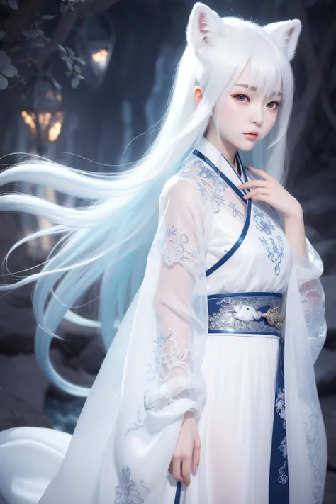 masterpiece,best quality, a girl translucent arctic fox spirit cotrang, realistic:1.3