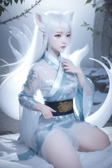 masterpiece,best quality, a girl translucent arctic fox spirit cotrang, realistic:1.3