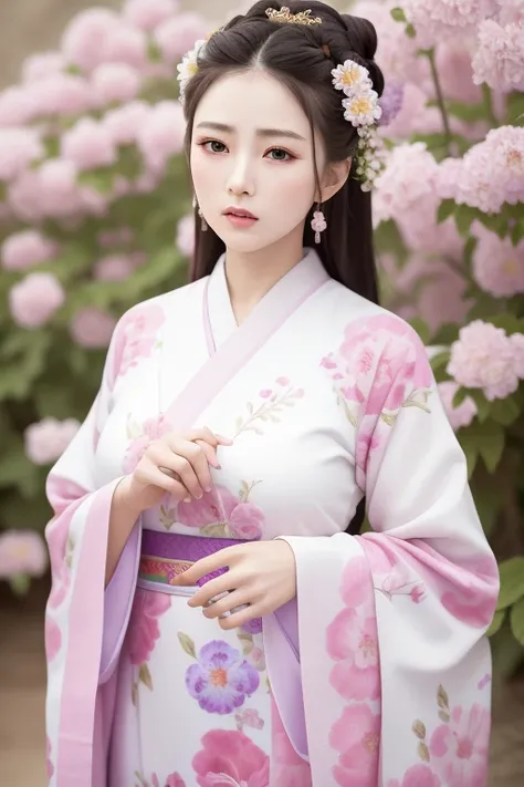 a photo of  a women in cotrang with flower pattern on it,best quality, masterpiece,(realistic:1.2)
