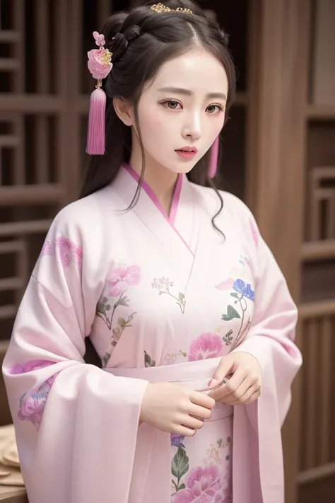 a photo of a women in cotrang with flower pattern on it,best quality, masterpiece,(realistic:1.2)