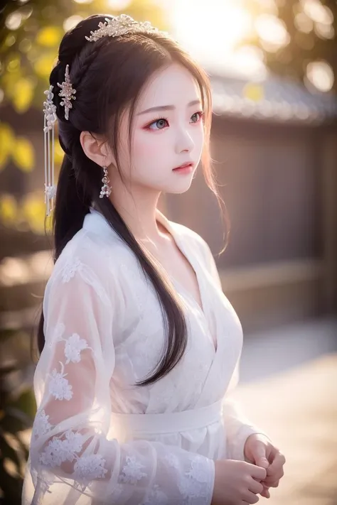 a beautiful girl in white cotrang, masterpiece, best quality, realistic:1.3, sunlight, backlighting