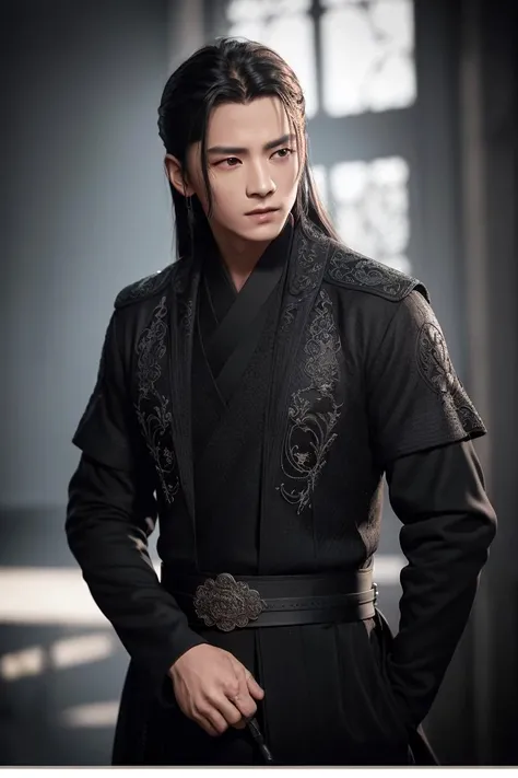 a handsome men in black cotrang, masterpiece, best quality, realistic:1.3, sunlight, backlighting