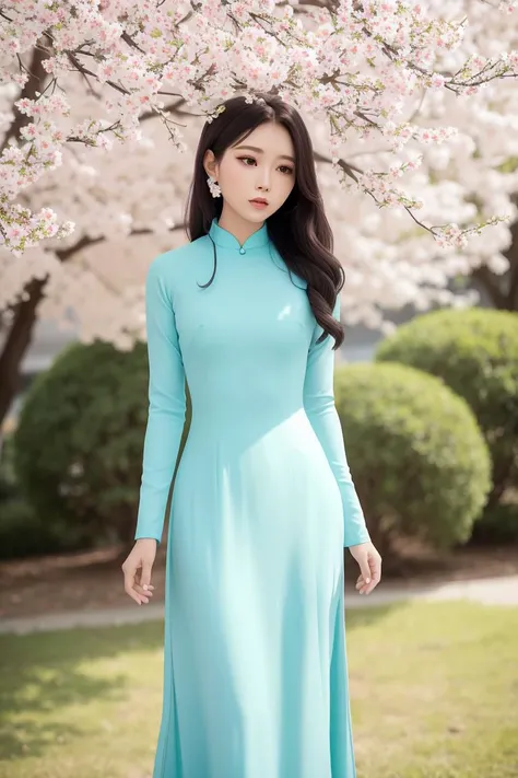 a women in turquoise aodai under the white mai tree, realistic:1.2, masterpiece, best quality