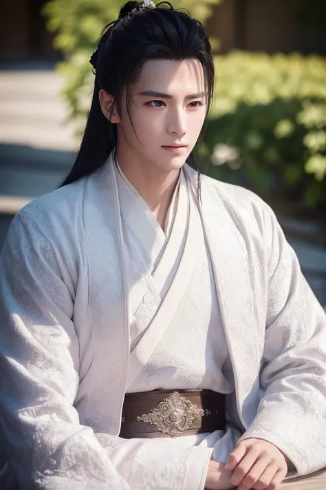 a handsome men in white cotrang, masterpiece, best quality, realistic:1.3, sunlight, backlighting