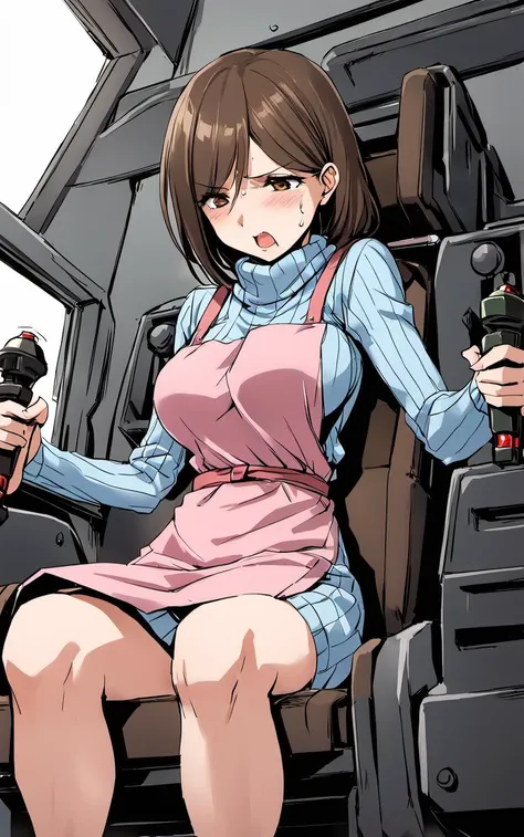 1girl, style of A-1 pictures,<lora:zemimama_xl:0.8>,light blue sweater dress, pink apron,zemimama,panicking, o o,brown hair, clumsy, looking down,<lora:gundamwingcockpitXL2:1>, gundamwingcockpit, joystick, seatbelt, sitting, shoot from front, masterpiece, best quality,