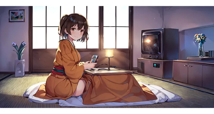 (masterpiece), (best quality), (ultra-detailed), photorealistic, (best illustration), (an extremely delicate and beautiful), 1girl, (solo), (hiryuuchan:1.22) brown hair, brown eyes, (one side up), (finely detailed iris), green hakama short skirt, orange kimono, large breasts, (best composition),(kotatsu), indoors, table, window, calm, rest, 1girl, (siting at kotatsu), looking at viewer, hands up, smile, front view, love, enjoyment, calm, joy, bright, sunlight, far from viewer, <lora:kotatsu-20:0.8:IND>, <lora:hiryuu_nai_11-24:0.6:OUTD>, bookshelf, flower vase,